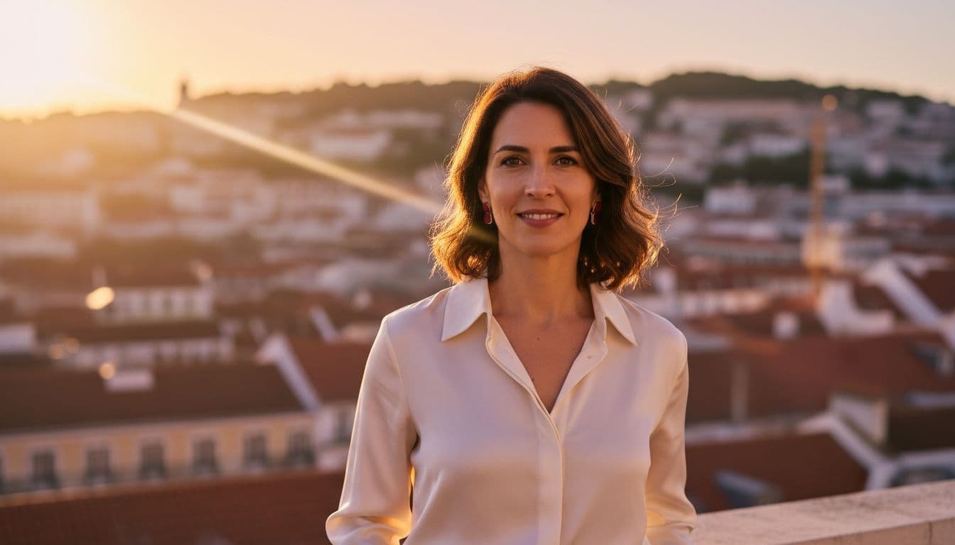 Confident woman in 30s stands on Lisbon terrace at sunset with warm expression, golden light, blurred city behind.