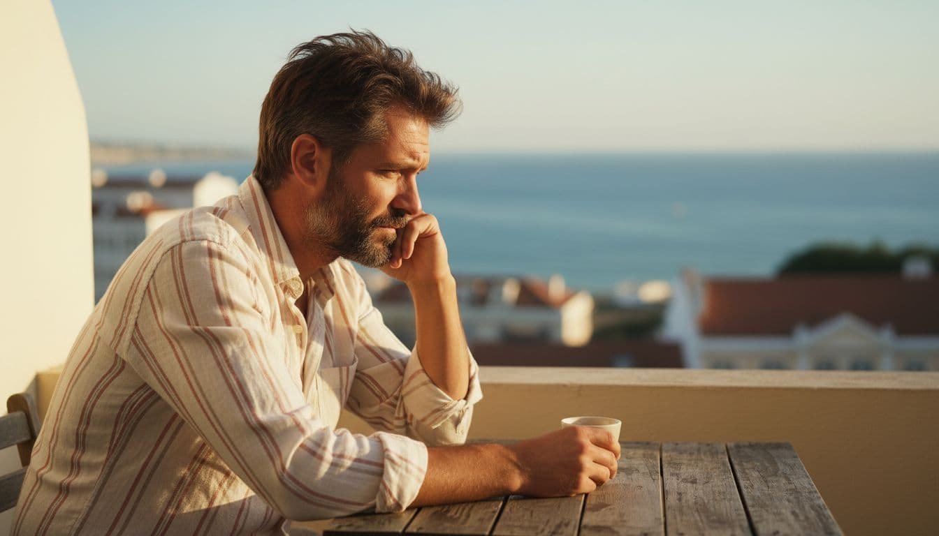 Thoughtful man in 40s sits alone on terracotta-tiled Lisbon balcony with blurred ocean view, golden light on face.