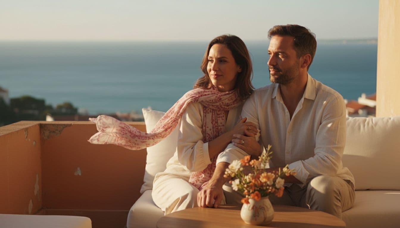 Couple in 30s sits close on sunlit Lisbon balcony over ocean, woman hand on man's arm, man gazes thoughtfully away.