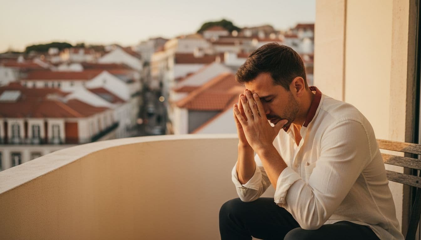 Late-30s man sits alone on Lisbon balcony at golden hour, hands loosely on forehead, stressed face in warm light.