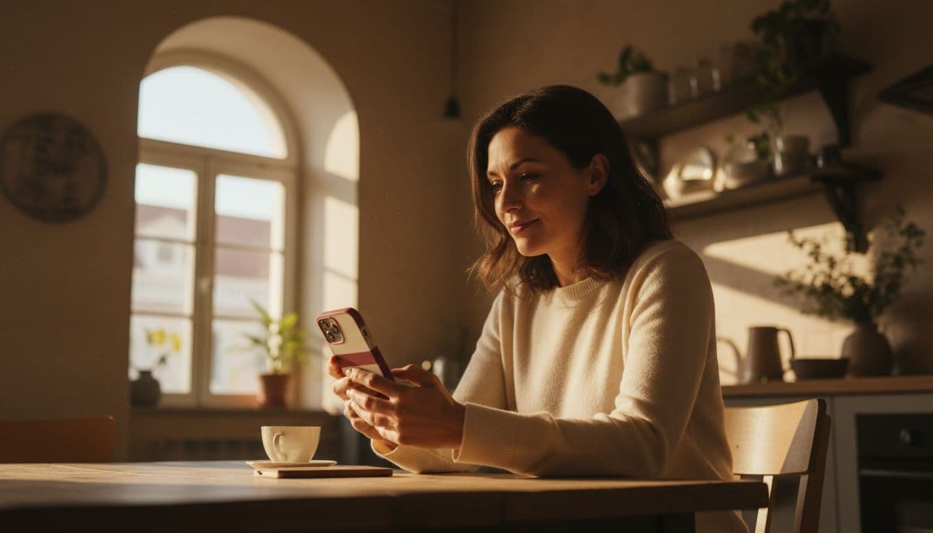 Woman sits at wooden table in cozy kitchen, holding phone with both hands, calm expression in warm golden light.